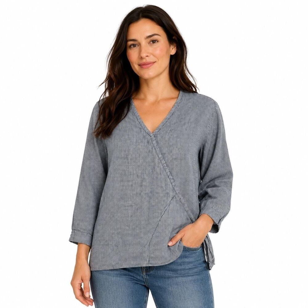 Flax Tunic Blouse Womens Medium Blue Check V Neck Long Sleeve Linen Top